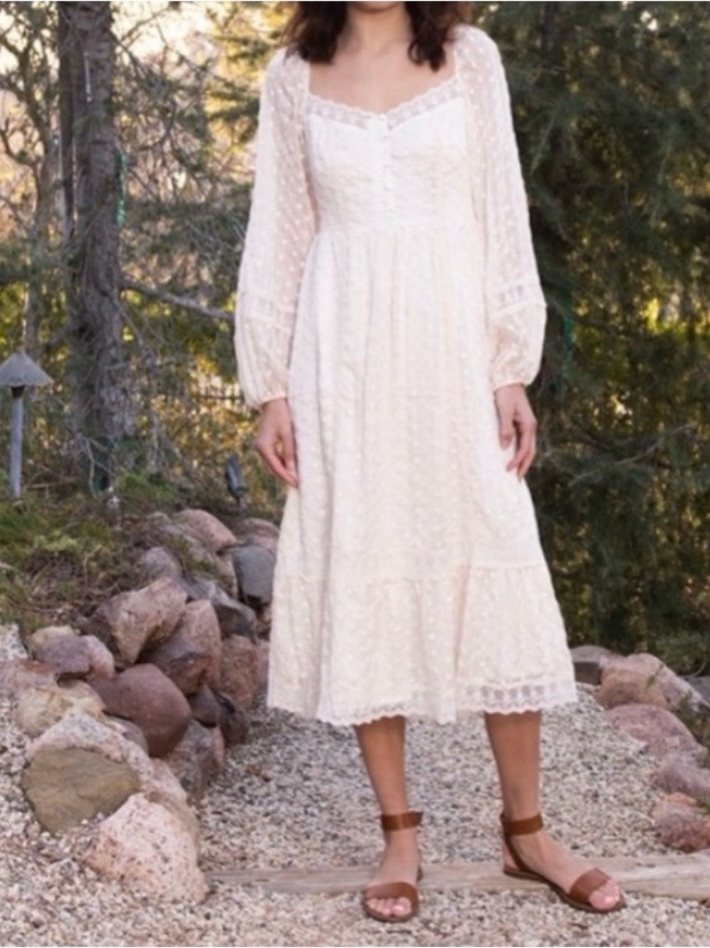 A Collective Stay Embroidered Romantic Floral Swiss Dot Lace Midi Dress Cream XS